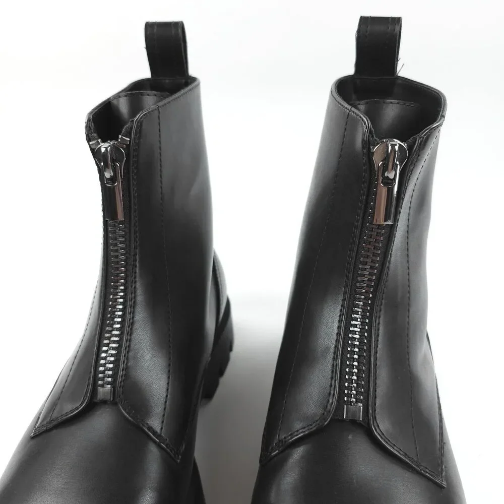 ZARA 100% Leather Lug Sole Zip Front Combat Boots Black Y2k Goth Grunge Indie